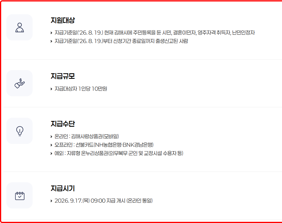 김해시민 10만원 민생회복지원금, 아직 안 받았다면 지금 신청하는 법 3 김해시청 공식 민생회복지원금 페이지의 사업개요 — 지원대상, 지급규모 1인당 10만원, 지급수단(온라인 김해사랑상품권·오프라인 선불카드), 지급시기 안내